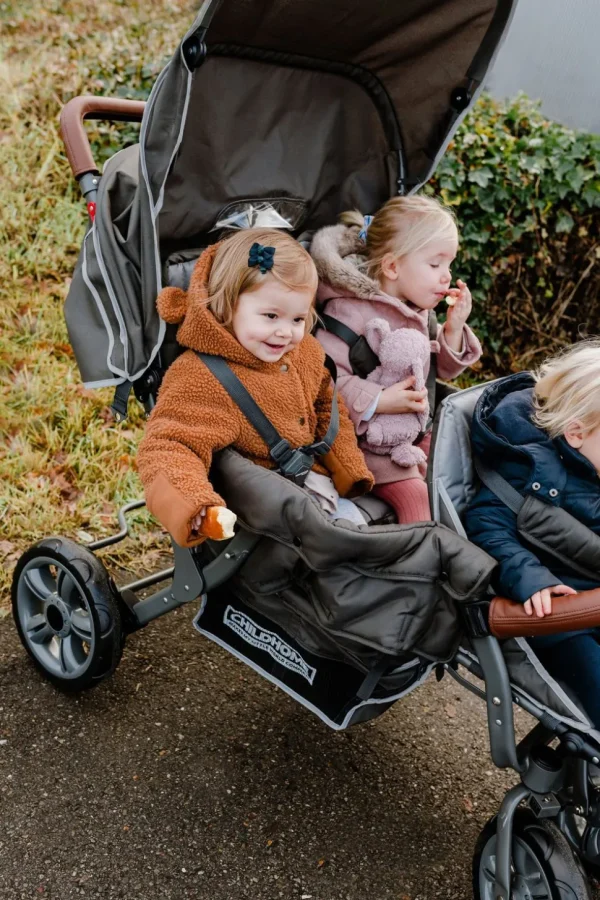 Childhome Triplet Wandelwagen + Regenhoes + Zonnekap - Staal + Tedelon - Antraciet^ Meerlingwagens