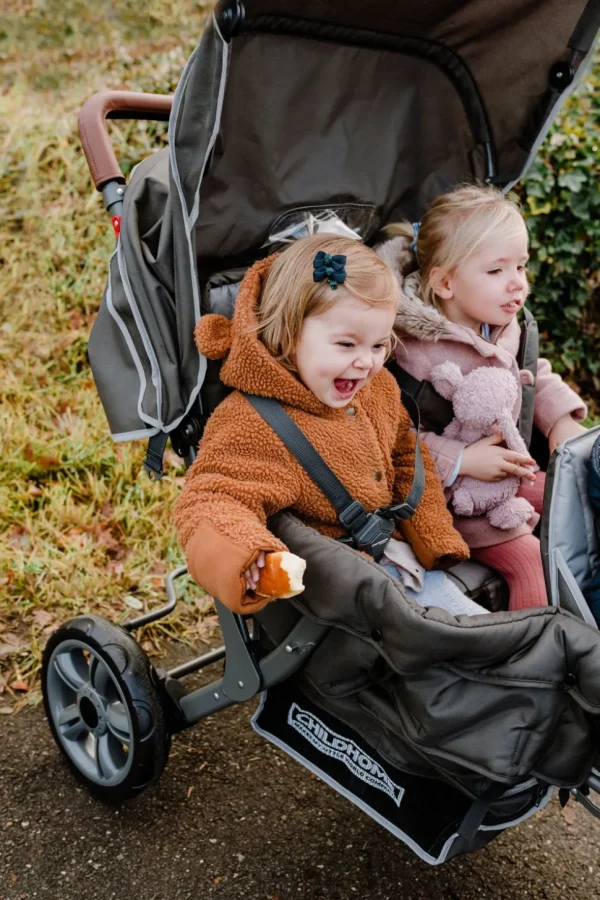 Childhome Triplet Wandelwagen + Regenhoes + Zonnekap - Staal + Tedelon - Antraciet^ Meerlingwagens