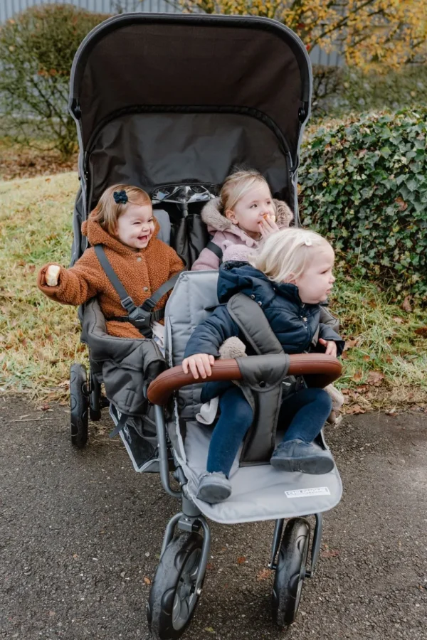 Childhome Triplet Wandelwagen + Regenhoes + Zonnekap - Staal + Tedelon - Antraciet^ Meerlingwagens